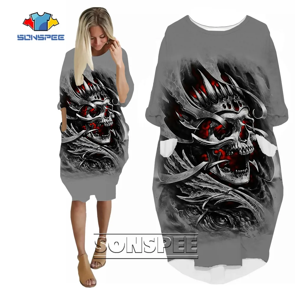 SONSPEE 2022 Long Sleeves Woman's Dress Girl Lady Street Casual Elegant Breathable Over the Knee Gown Horror Skull Print Skirt