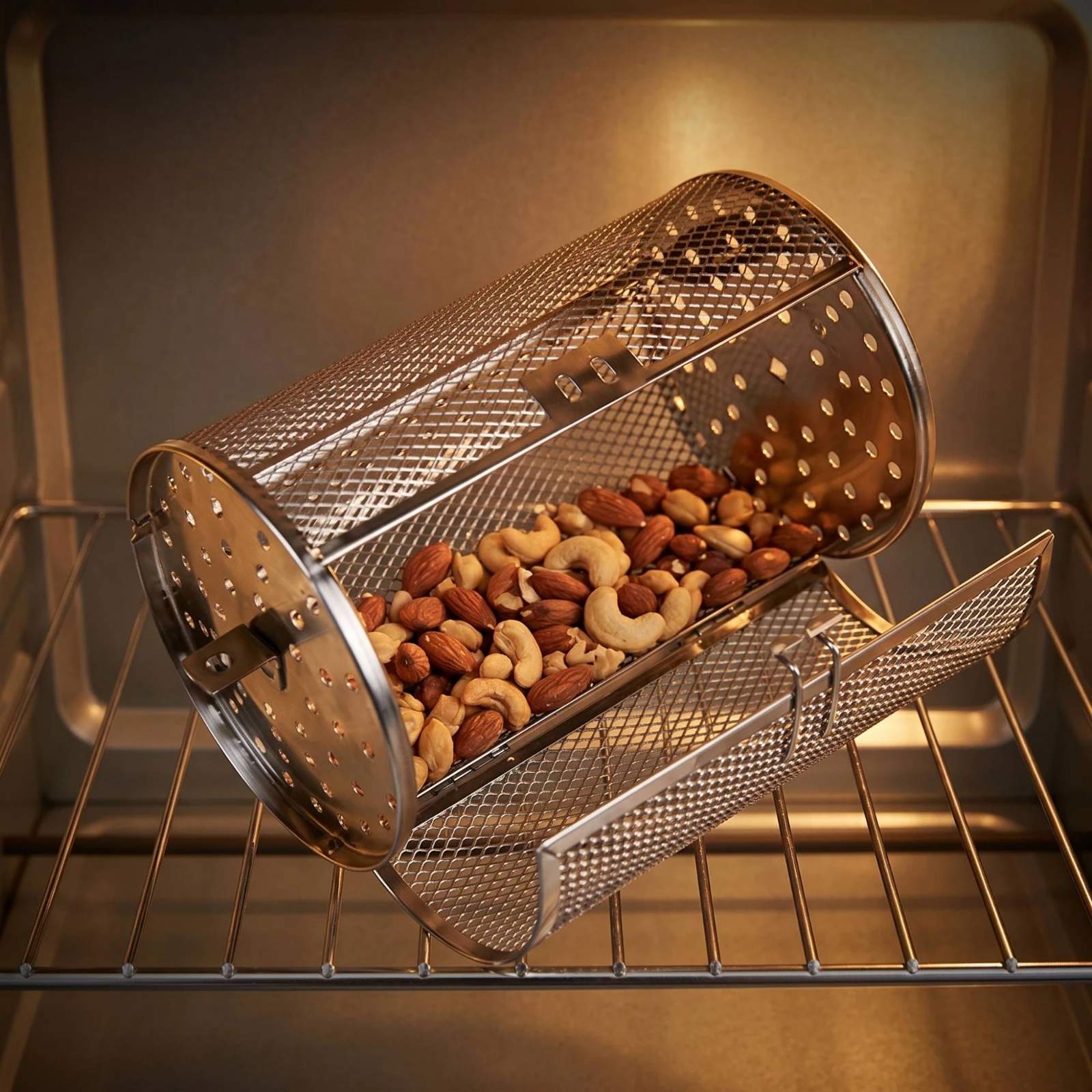 Rotisserie Basket Stainless Steel Roasting Basket with Latch Mesh Cage Cylindrical Grill Roaster Perforated for Oven, Air Fryer