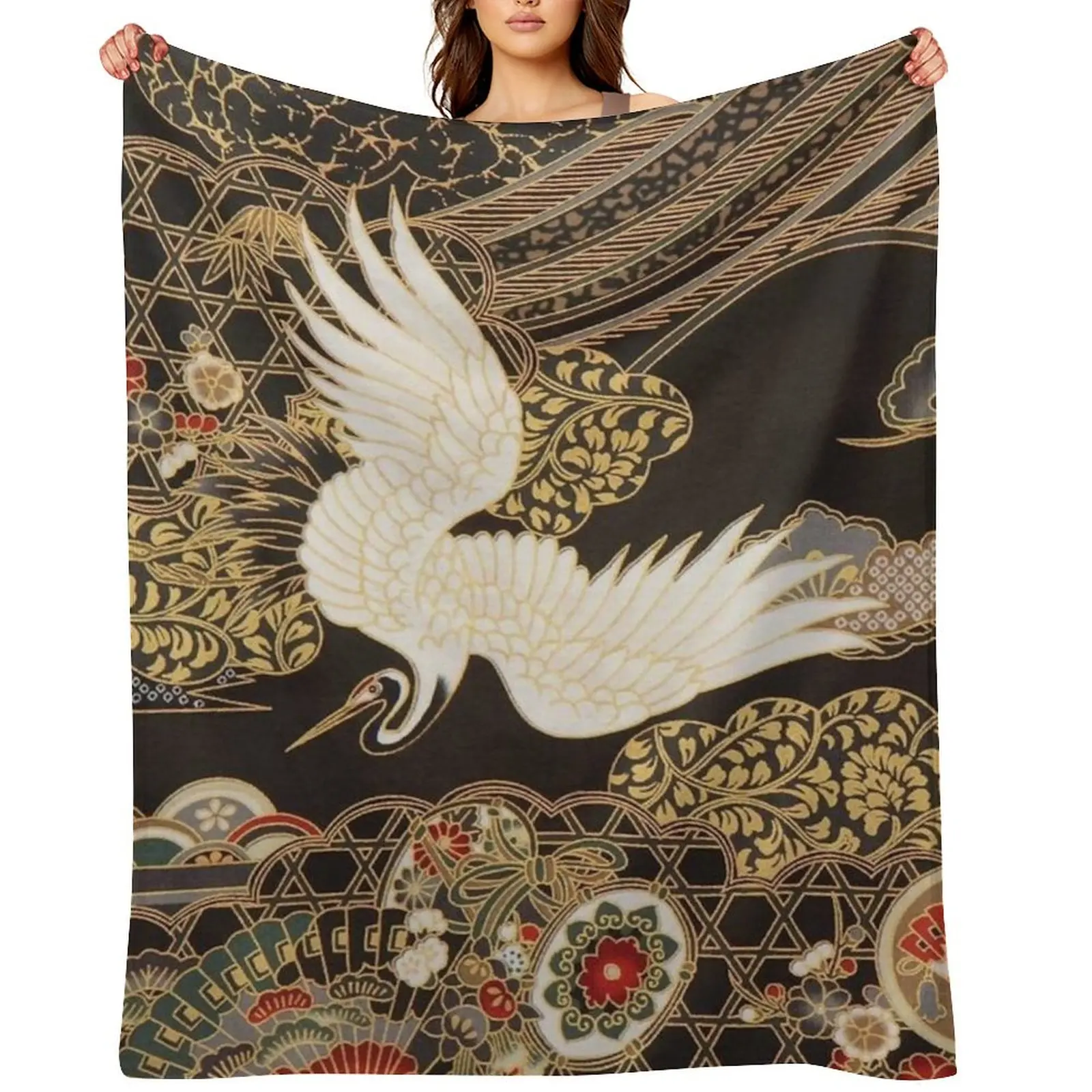 

VintageJapanese Cranes Gold and Black Throw Blanket Furrys Tourist Decorative Beds Luxury St Blankets
