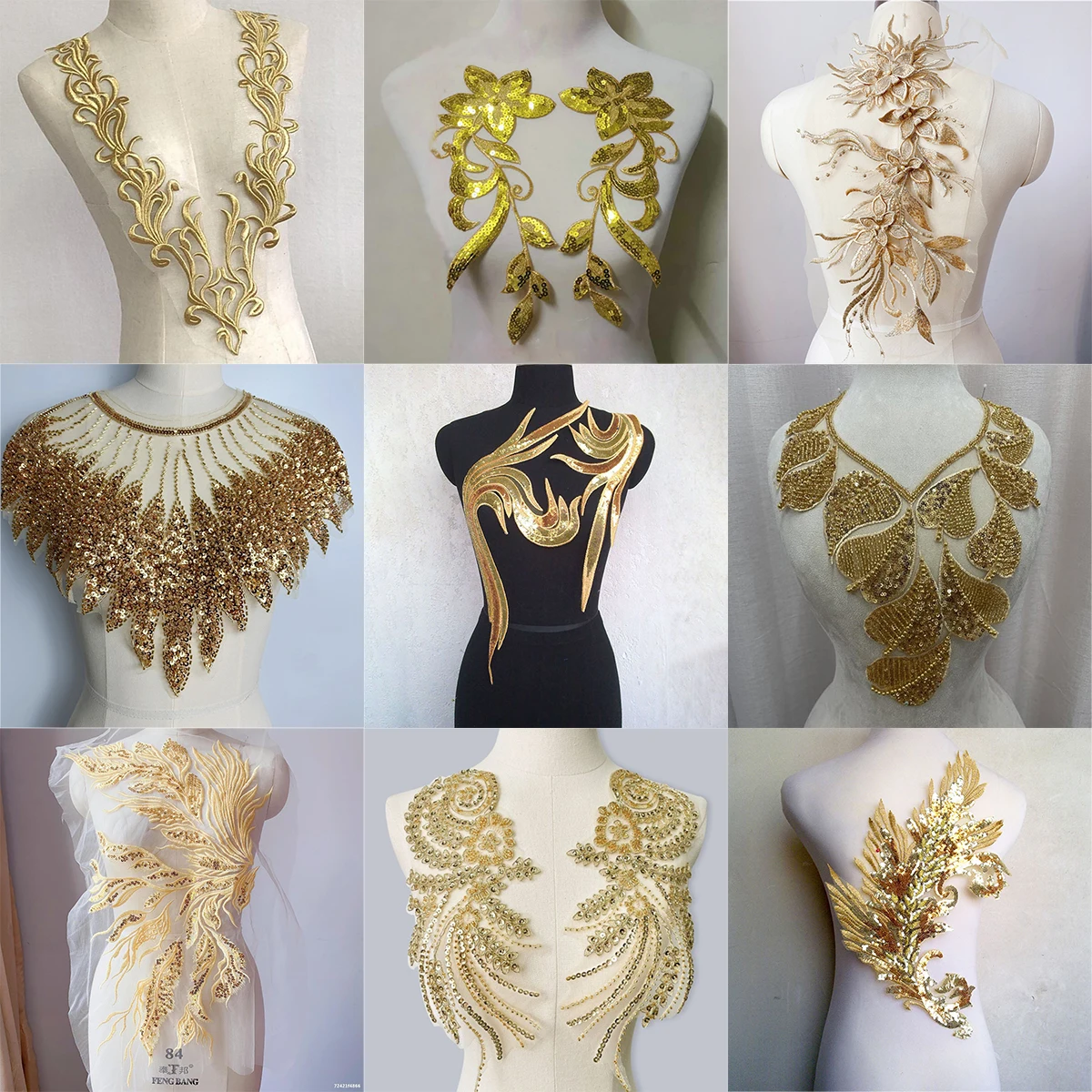 Goldene Pailletten-Perlen-Spitzenblumen-Applikation zum Aufnähen als Kleidungsdekoration, DIY-Reparatur und Bastelzubehör