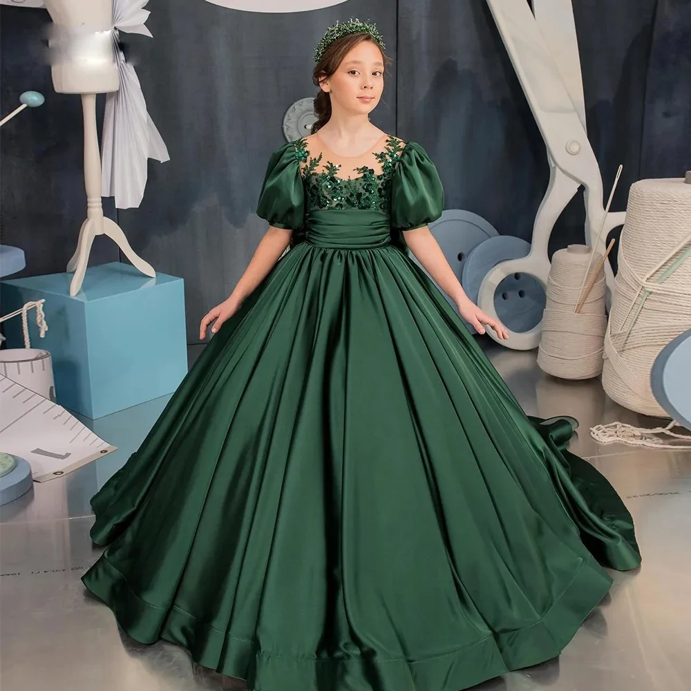 

Dark Green Flower Girl Dresses Puffy Short Sleeve Toddler First Communion Gown Bow Tie Satin Kids Pageant Dress 2023