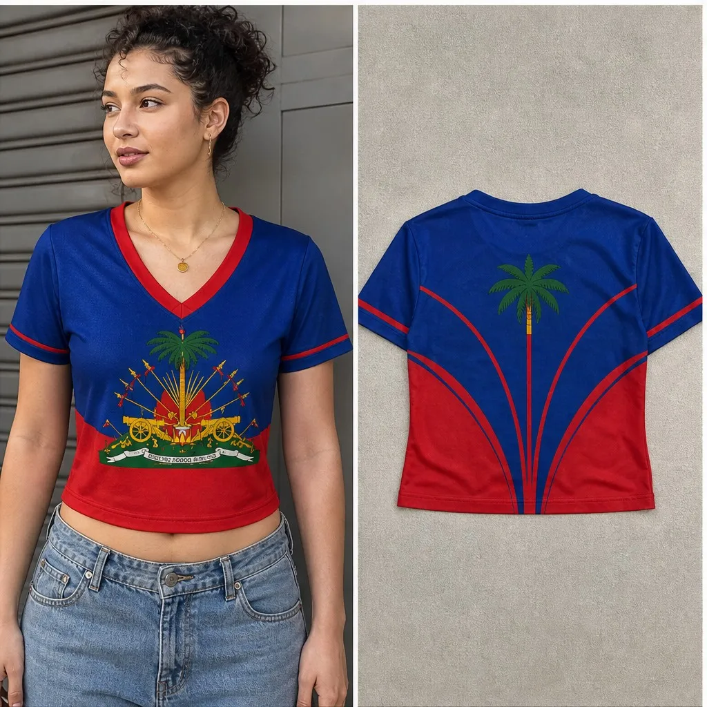 Womens Haiti V Neck Short Sleeve Crop Top Palm Crest Graphic Casual Summer Shirt for Street Travel Holiday Festival Daily Outfit