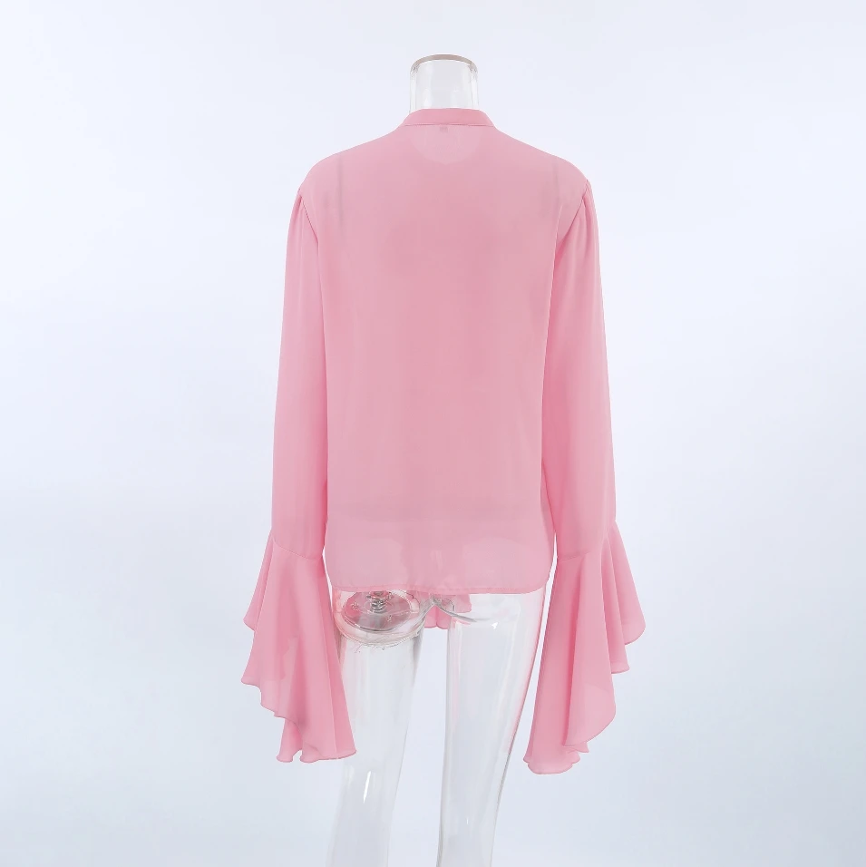 Fashion Woman Blouse 2024 Spring Ruffle Design Round Neck Flared Sleeves Solid Color Casual Long Sleeves Daily Chiffon Shirt