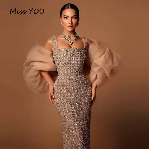 Customized Evening Dress Graceful Rhinestones Crystals Square Neck Mermaid Evening Gowns Prom Dresses Custom Made Robe De Soir&eacute;e