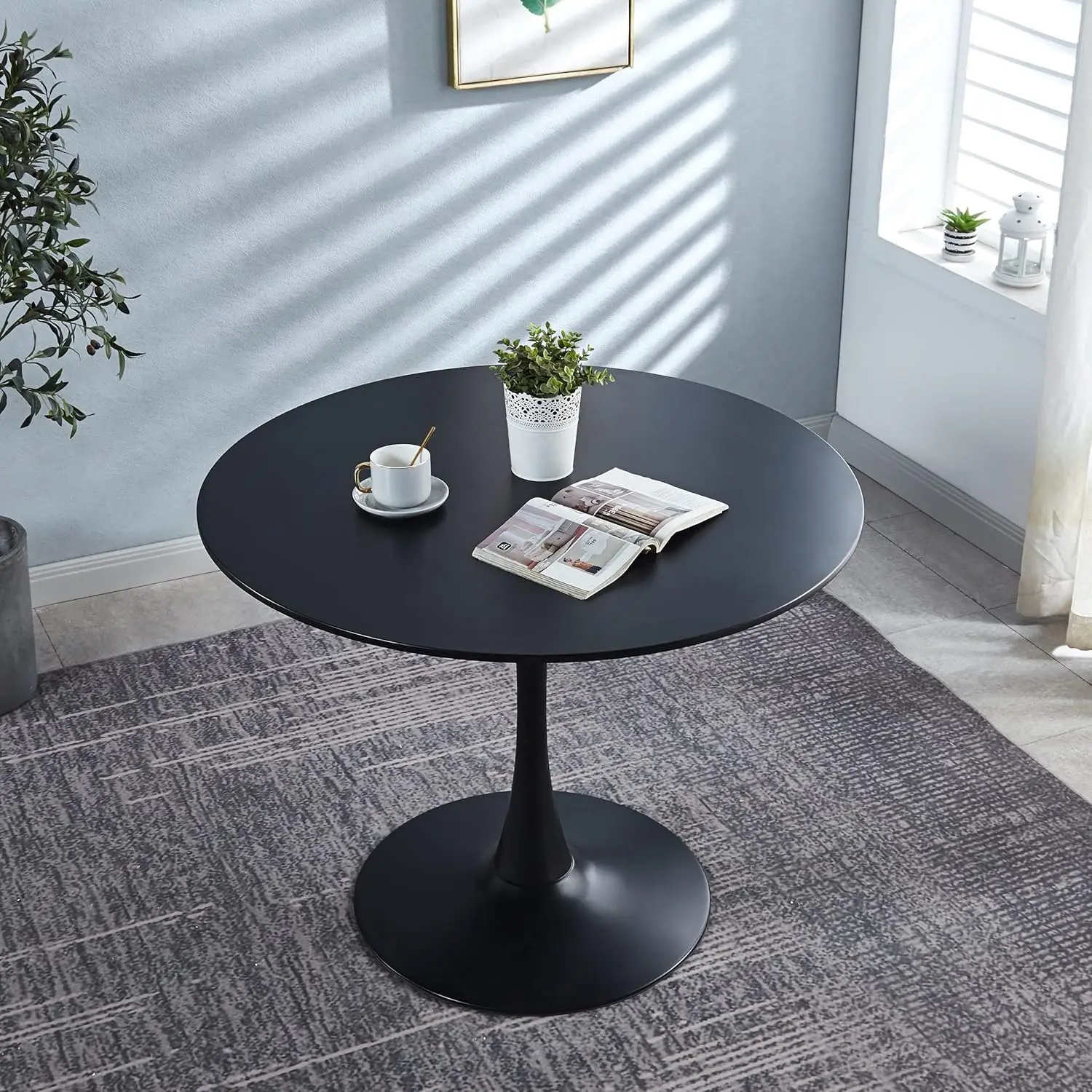 42"" Black Round Dining Table For 4-6 Person,Mid-Century Black Tulip Table Kitchen Dining Table With Mdf Table Top And Pedestal