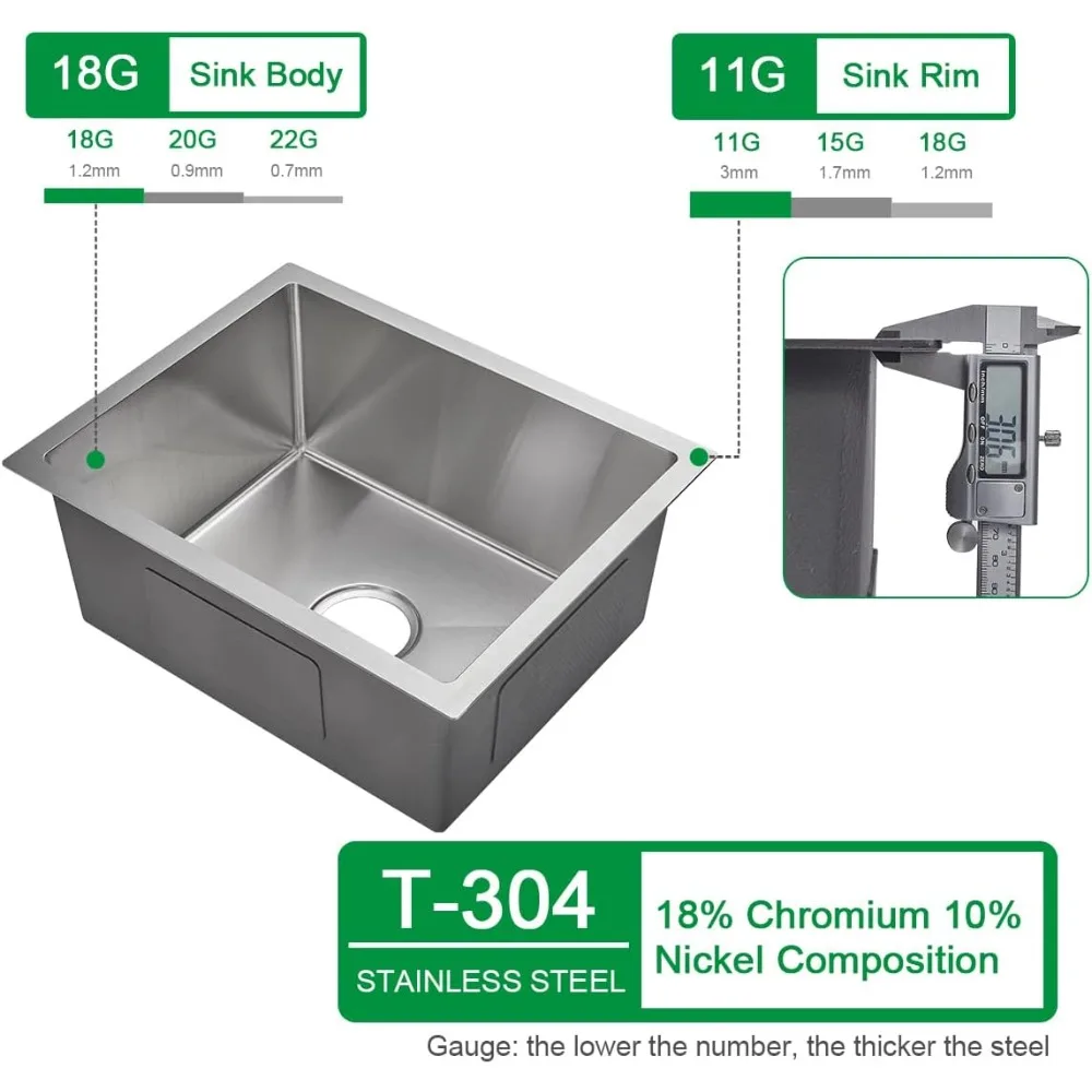 حوض مطبخ بوعاء واحد من الفولاذ المقاوم للصدأ 304 مقاس 20 × 16 بوصة، عميق 9 بوصة، تصميم مدمج سفلي مع نصف قطر ضيق C #4