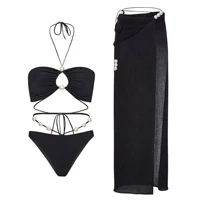 3Pcs Sexy Bikini Set With Cover Up Pearls White Swimsuit Women Halter Swimwear Female Off Shoulder Bathingsuit Biquini Beachwear - Image 5