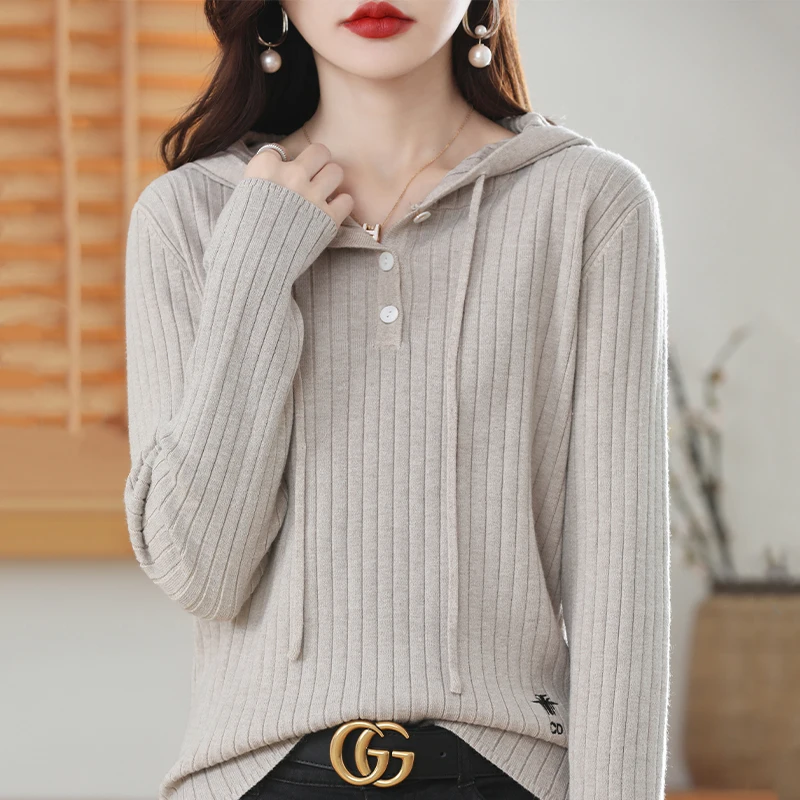 

Autumn Winter New Loose Casual Knitted Woolen Hoodie Women's Faionable Sweater Coat Hat Design Color Commute Sle