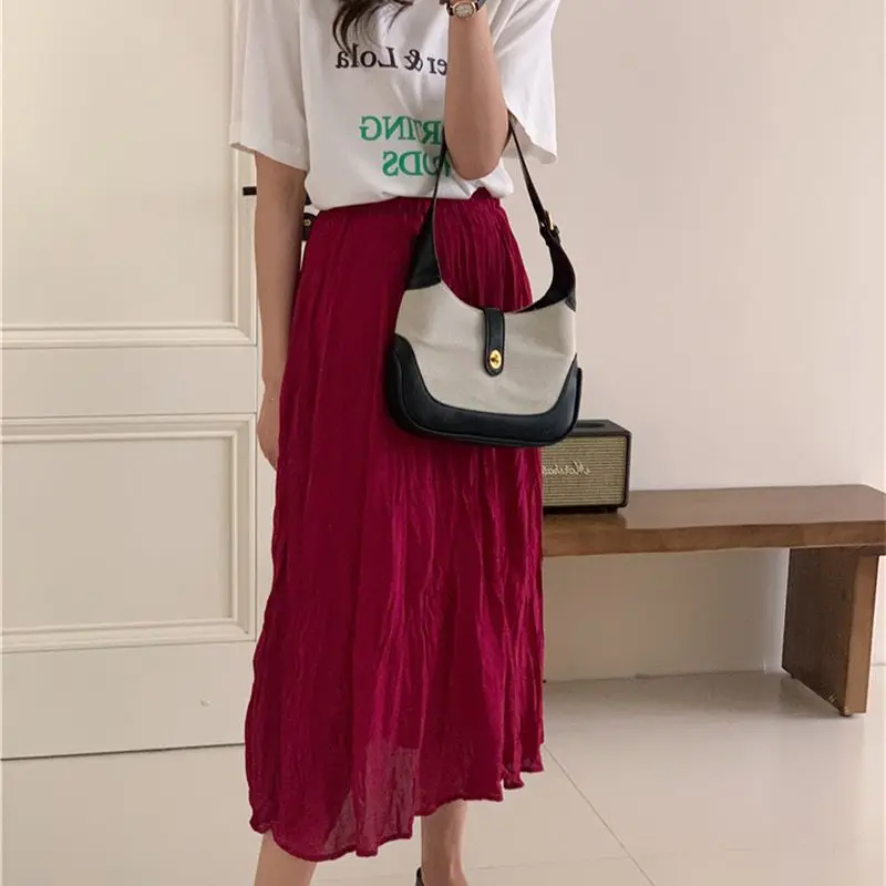 

Pleated Skirt Women Korean Fashion A-line Skirts High Waist Elastic Chiffon Style Comfortable Drape Mid-length Female Skirts