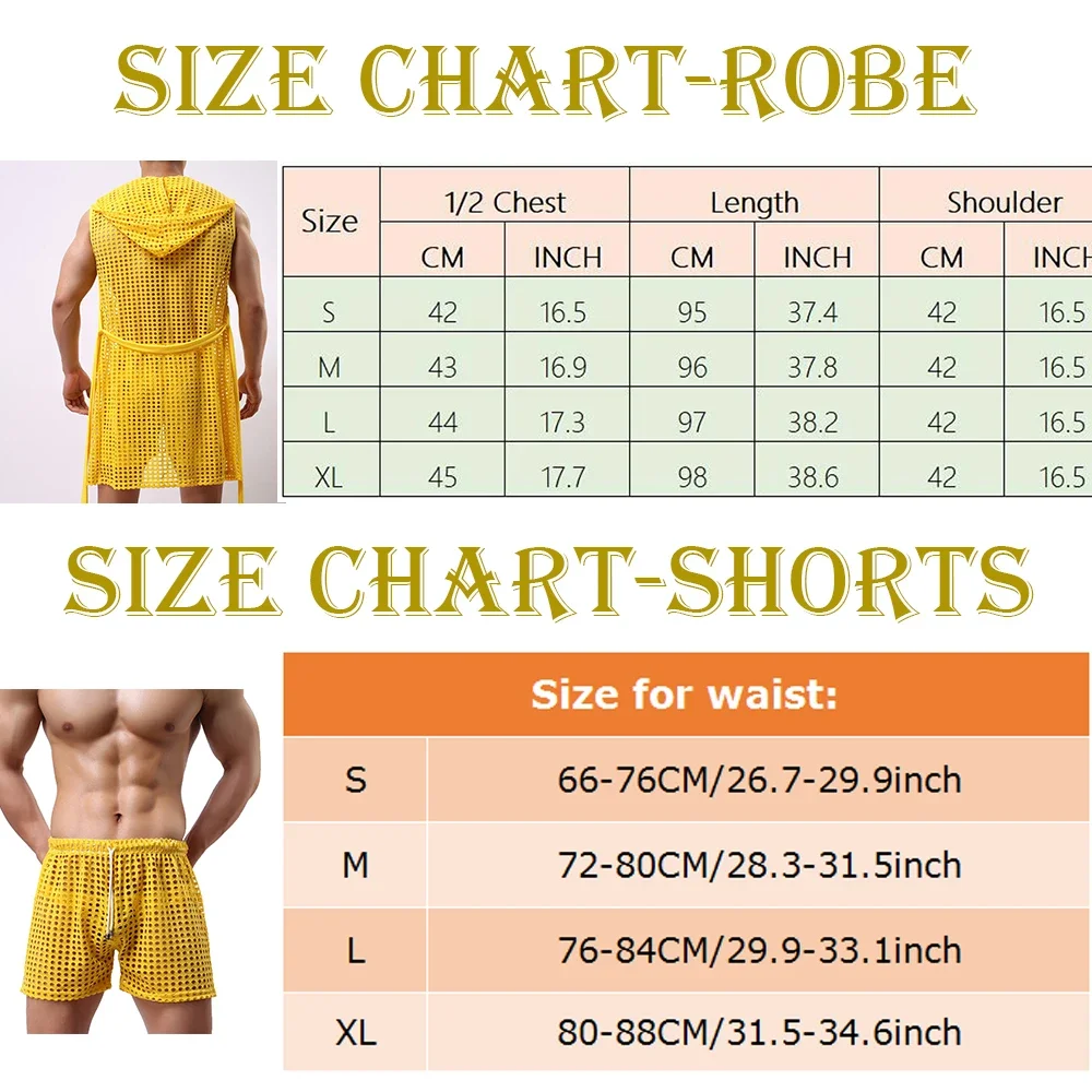 YUFEIDA Men Robes Sexy Fishnet Mesh Bathrobe Sleepwear Male See Through Sleeveless Hooded Bath Robe Lounge Nightgown BathRobes