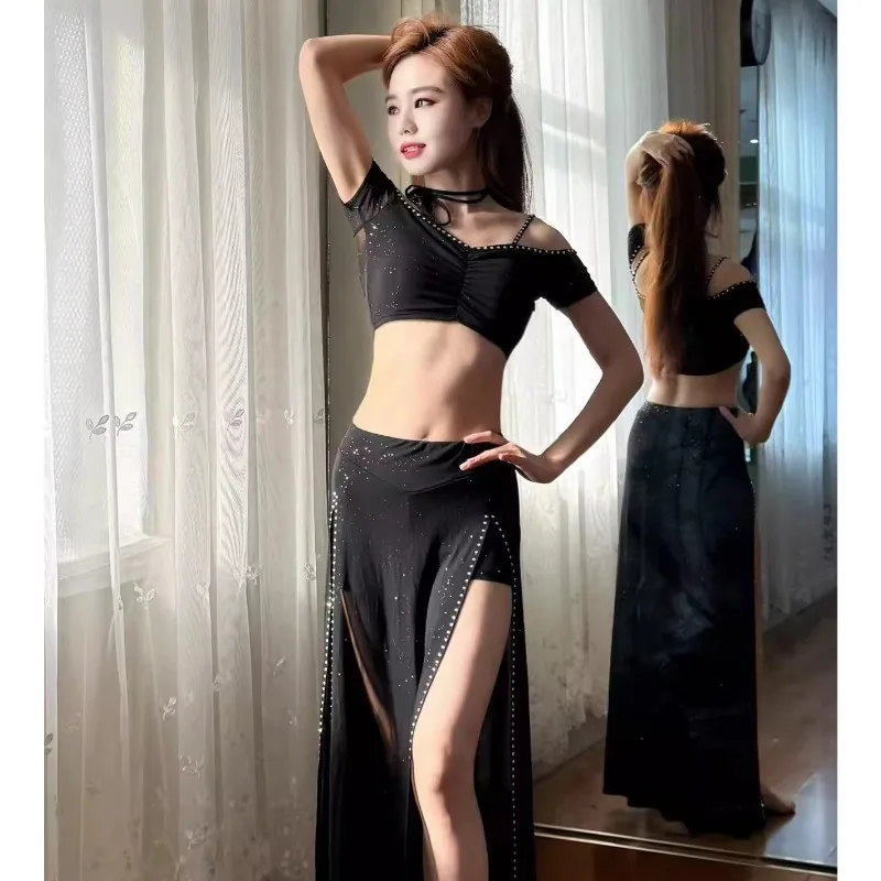 customized belly dance suit mesh performance outfit practice dress group Competition uniform women's double slit skirt top 2pcs