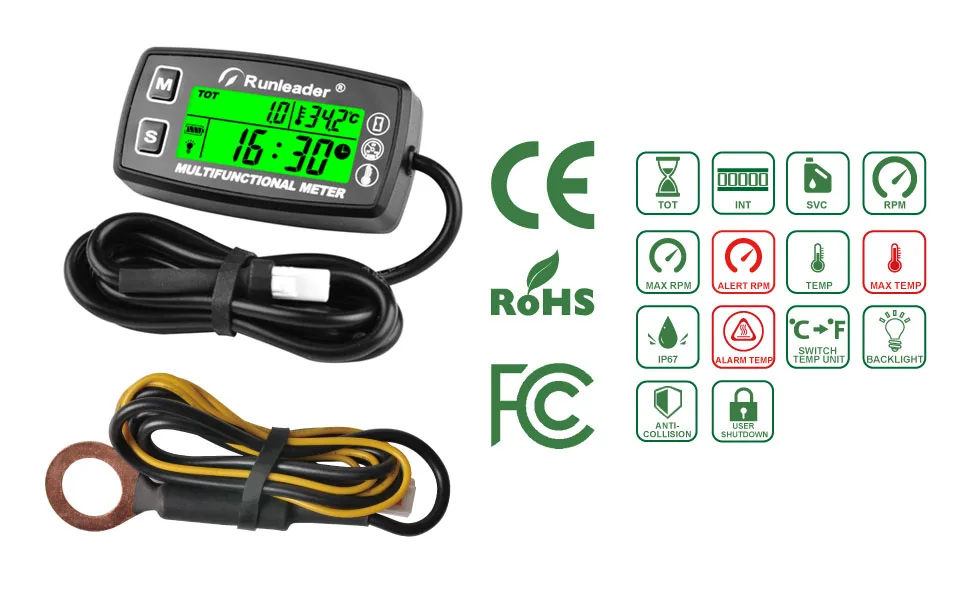 Runleader Digital Tach/Hour Meter With Temperature Gauge - RPM & Temp Monitor