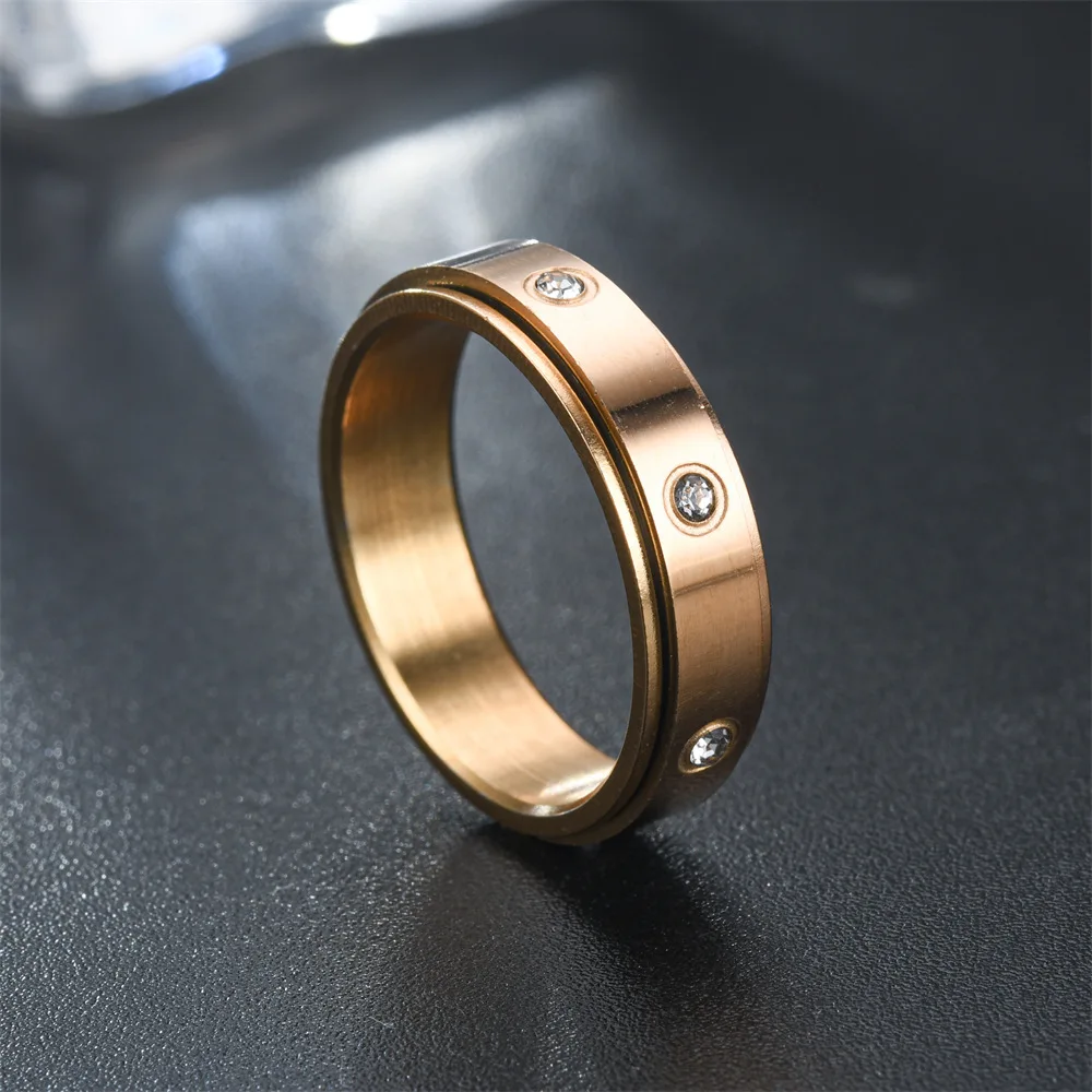 Crystal Anxiety Relief Spinning Ring For Couples Stainless Steel Rotate Freely Fidget Spinner Metal Rings Anillo Antiestres