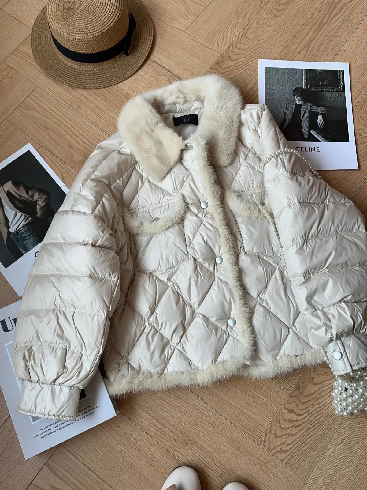 Winter 2024 White Goose down ort Puffer Jaet Women's Outerwear Sli Plaid Mink Top Korean Sle Commute Wind