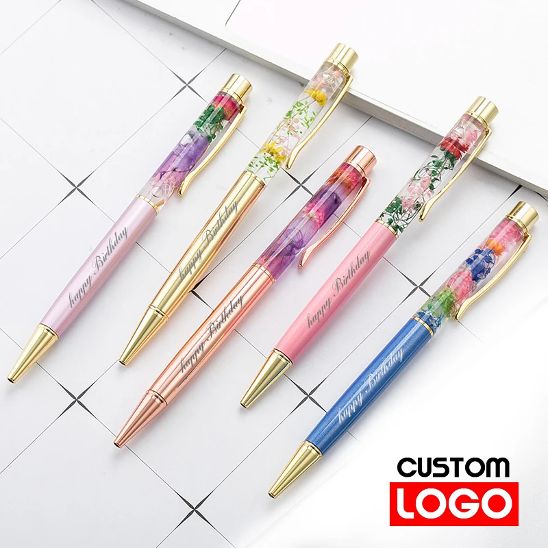 10pcs Eternal Life Flower Oil Pen Metal Ballpoint Pen Lettering Engraved Name Advertising Pen Custom Logo Stationery Wholesale