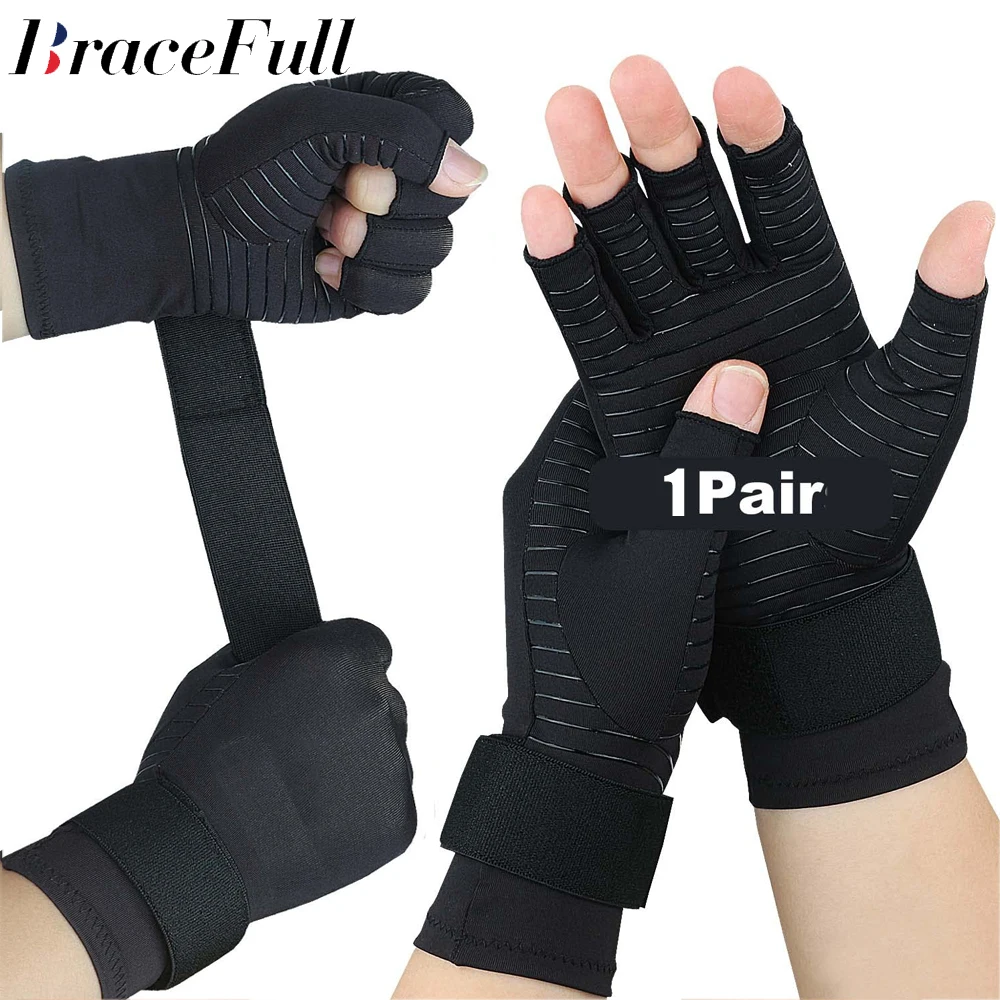 1Pair Copper Arthritis Gloves with Adjustable Wrist Strap for Women & Men for Pain,Fingerless Compression Gloves for Arthritis