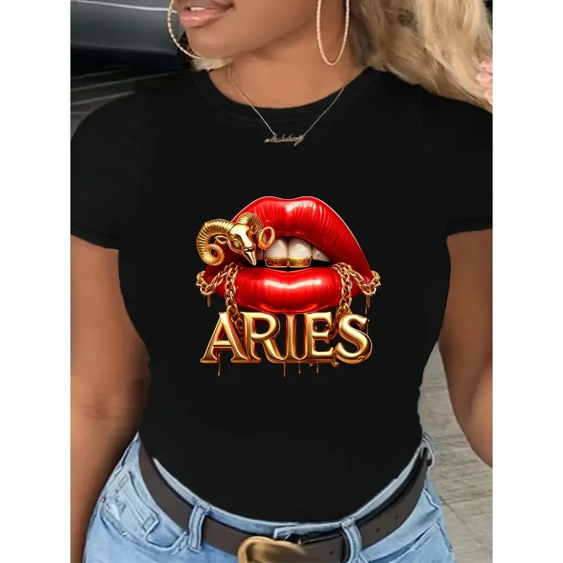 

Aries T Shirt For Women Zodiac Graphic Tee Red Lip Gold Chain Print Urban Style Horoscope Birthday Gift Top 2025