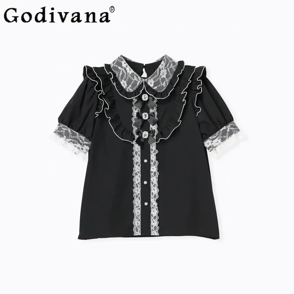 

Japanese Lolita Bow Lace Shirt Girly Summer Fashion Loose Slim Blue Casual Blouses Women Cute Business Shirt Y2k Chiffon Tops