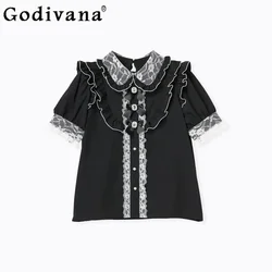 Japanese Lolita Bow Lace Shirt Girly Summer Fashion Loose Slim Blue Casual Blouses Women Cute Business Shirt Y2k Chiffon Tops