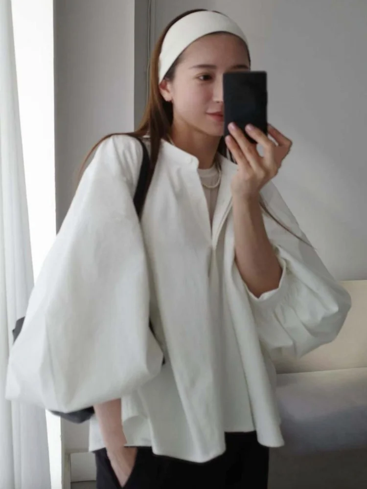 

C1ane Pure Color Loose Lantern Sleeve Small Stand Collar Shirt Top Sumi Hana Commute Style Polyester Cotton Linen Blend