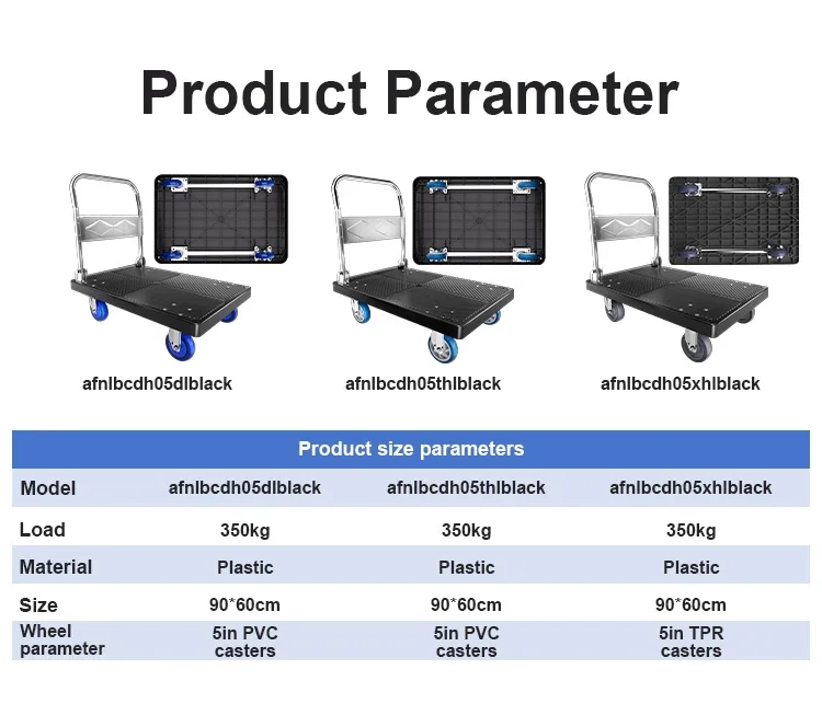 Heavy Duty 1100lb Load 900mm*600mm Size Warehouse Blue/Black Plastic Flatbed Folding Platform Trolley With Square Tube At Base