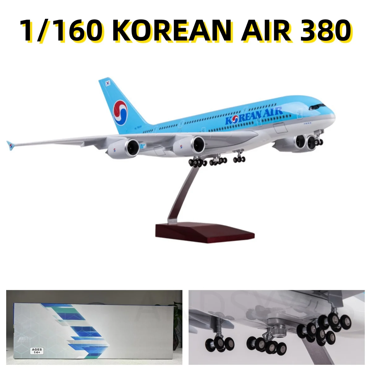 

Resin Toy A380 Korea Airline Plane Model 1/160 Scale 47CM Airplane Model LED Light & wheel Landing Gear Diecast Decoration
