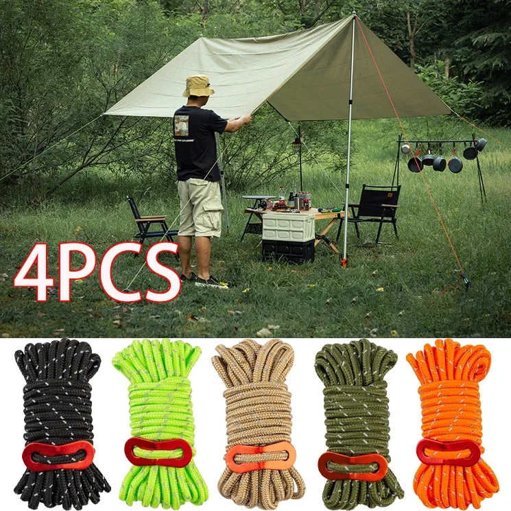 

4Pcs4m Outdoor Reflective Lines Clothesline Tent Cord Lightweight Camping Rope with Aluminum Guyline Adjuster for Canopy Shelter