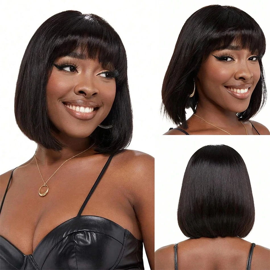 Short Straight Bob Human Hair Wigs With Bangs Full Machine Made Wigs For Women Wholesale Fringe Wig Brazilian Remy Hair Cheap