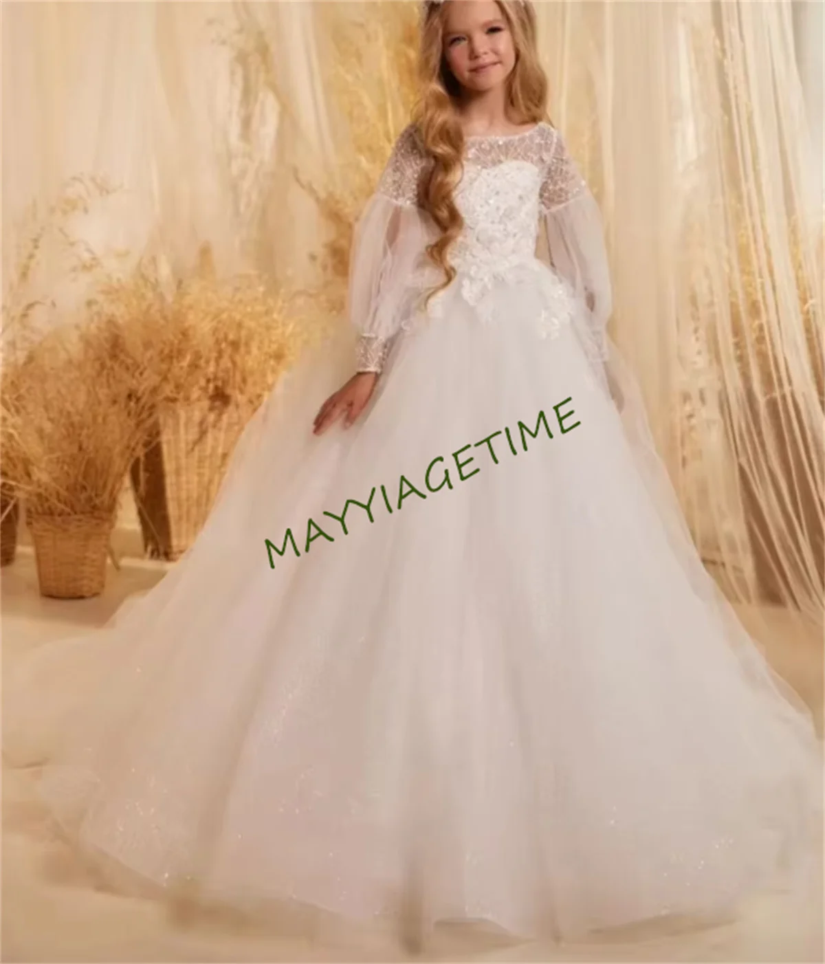 Ivory White Flower Girl Dresses with Full Sleeve Elegant Princess Satin Ball Gown For Kids Birthday Party First Communion Dress