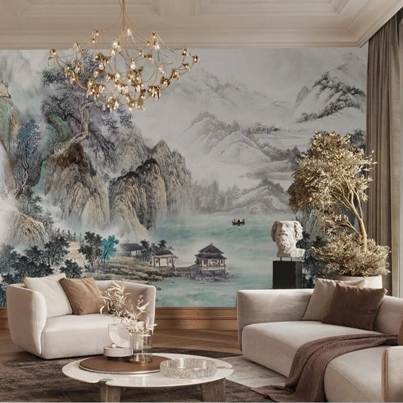 Modern simple and high-end ink-wash landscape with layers of mountains TV luxury home bedroom background wall