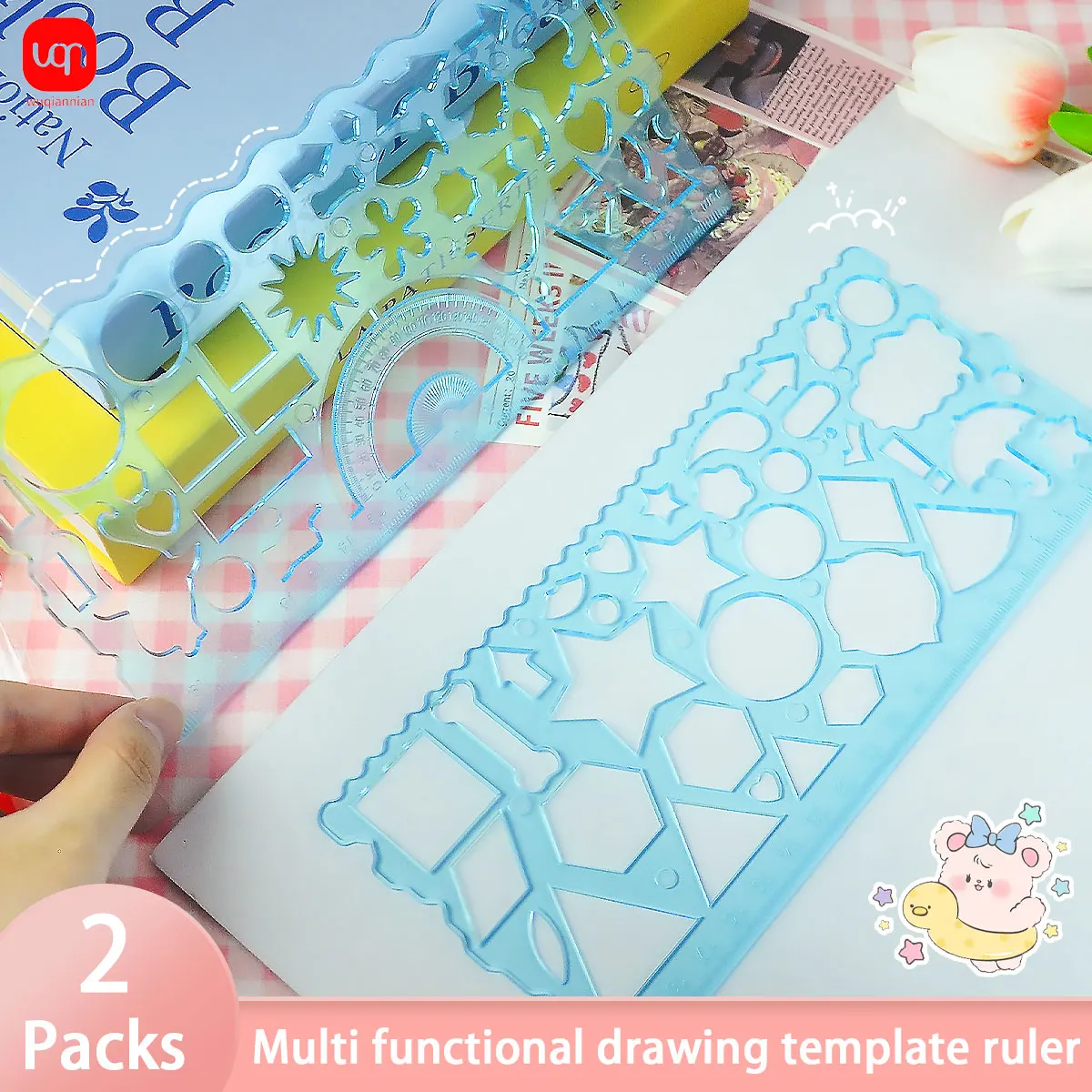 Penggaris Geometri Multifungsi Plastik WQN-1PC, Alat Gambar Berongga untuk Siswa, Perlengkapan Seni