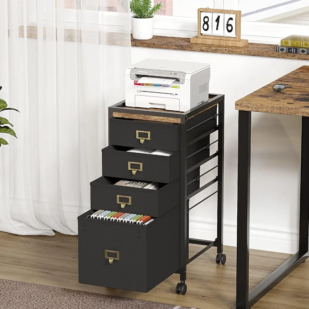 4-Drawer Waterproof Bathroom Storage Organizer with Metal Frame & MDF Top Slim Fabric Dresser Cabinet Space-Saving Vanity Unit for Small Laundry Room