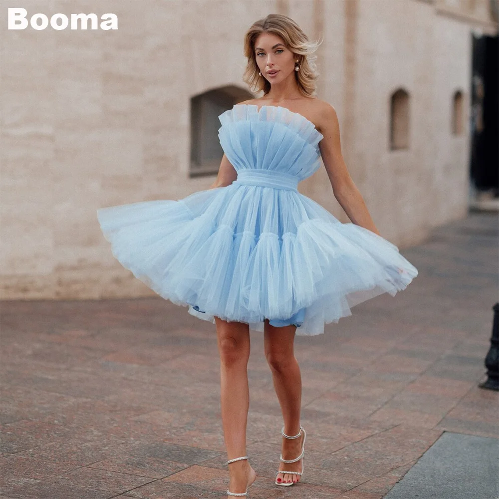 

Booma Light Blue Cocktail Dresses Pleat Ruched Tulle Party Prom Dresses Birthday Graduation Dresses A-Line Special Events Gowns