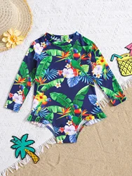 Little Girls 1pc Swimsuit With Parrot & Leaf Pattern, Long Sleeve Cute Bathing Suit For Travel Vacation Seaside