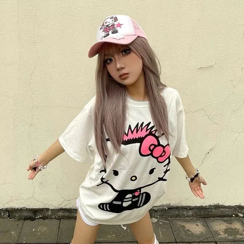 Sanrio HelloKitty kobiety z krótkim rękawem 2024 lato nowa bawełniana koszulka Y2K słodkie topy damskie figurki Anime Streetwear