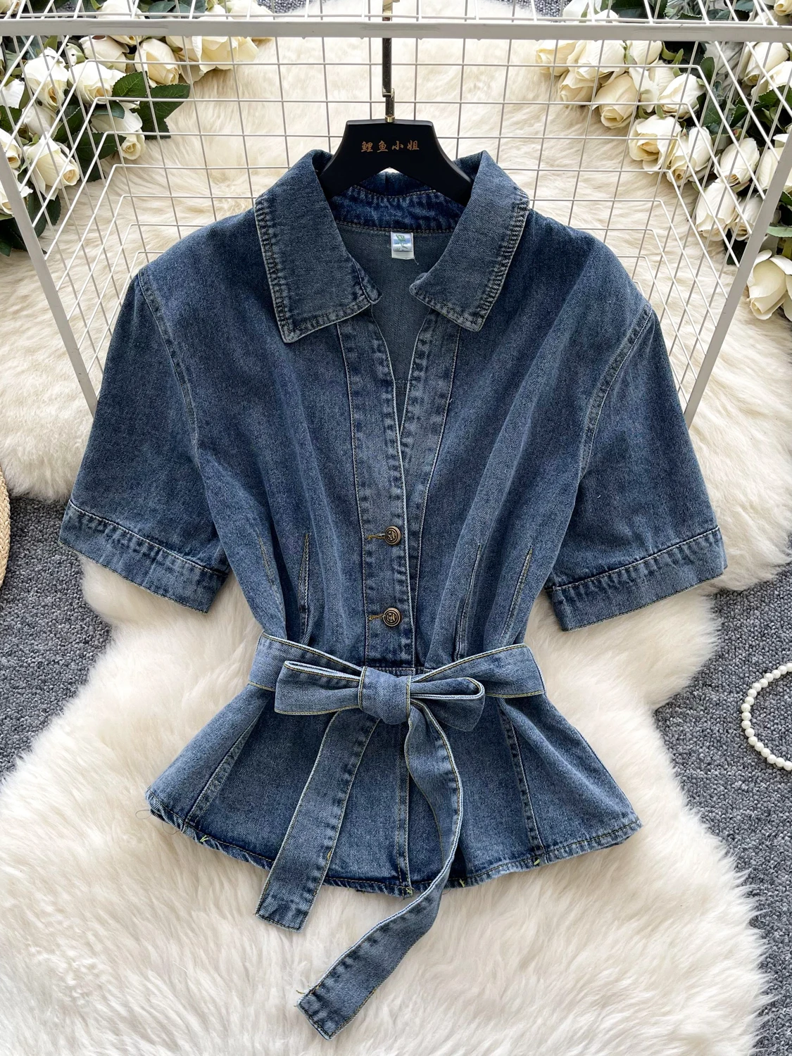 

Hong Kong Sle Casual Tie Waist ort Sve Ne Denim irt Women Summer Design Versatile Loose Fit Commute Faion