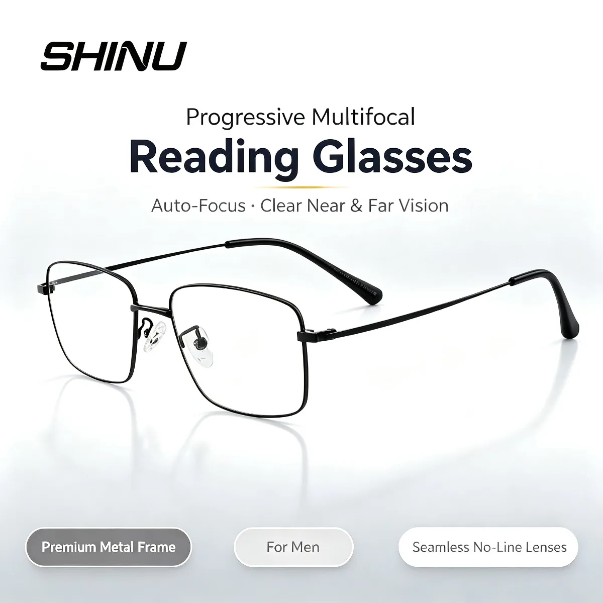 SHINU Progressive Multifocal Reading Glasses for Men, Premium Metal Frame, Auto-Focus Lenses, Clear Near & Far Vision
