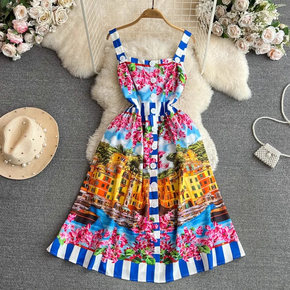 Sexy Summer Off Shoulder Buttons Spaghetti Strap Dress Runway Women's Sleeveless Floral Print Holiday Beach Midi Vestidos