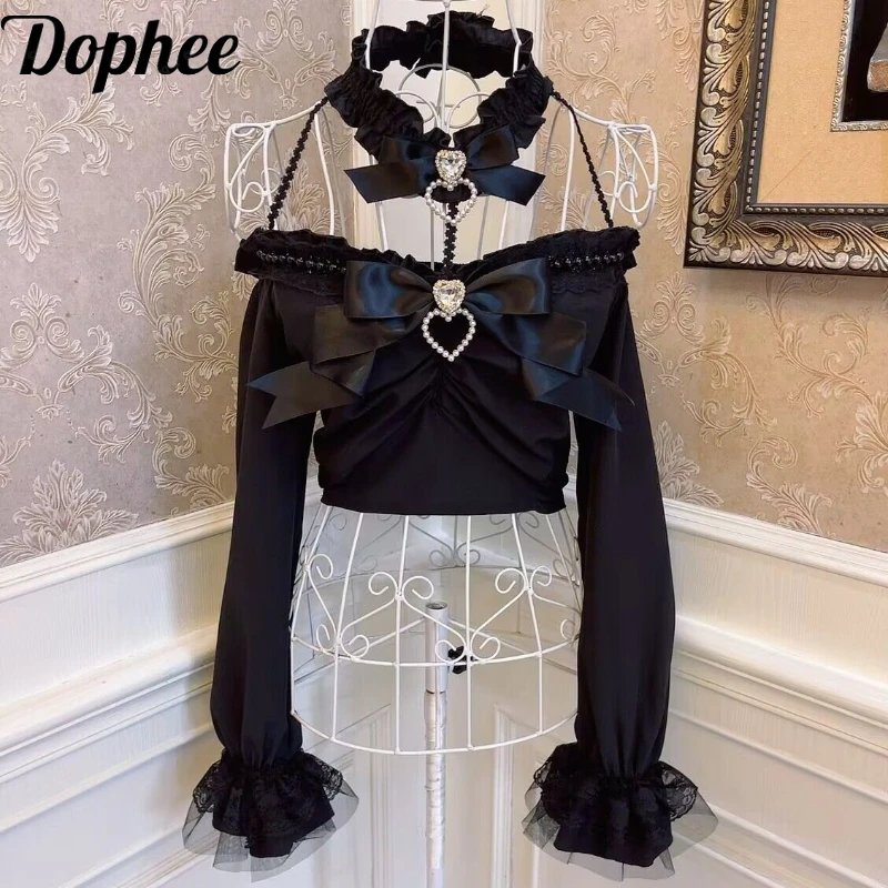 

Dophee Original Lolita Princess Bow Pearl Love Camisole Elegant Flare Long Sleeve Pullover Top Exposing Navel Halterneck Camis