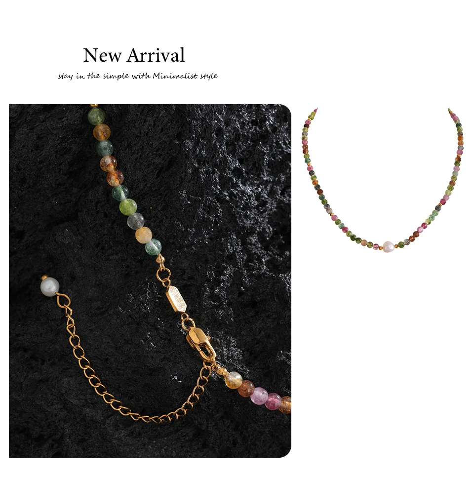 Yhpup Mehrfarbige natürliche Turmalin Stein Perle Halbedelstein Perlen Luxus Damen Halskette handgemachte Edelstahl Schmuck Geschenk – Detail 11
