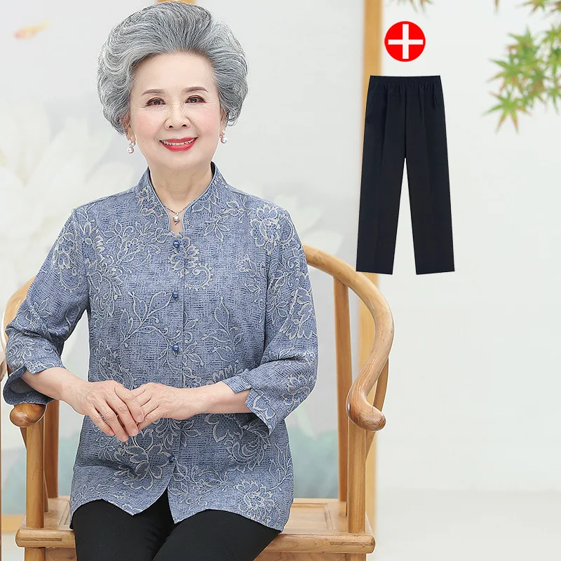 Elderly Grandma Clothes 3/4 Sleeve Spring Summer 60 To 80 Years Old Middle-Aged Mother Two-Piece Set 3/4 Sleeve Womens Outfits