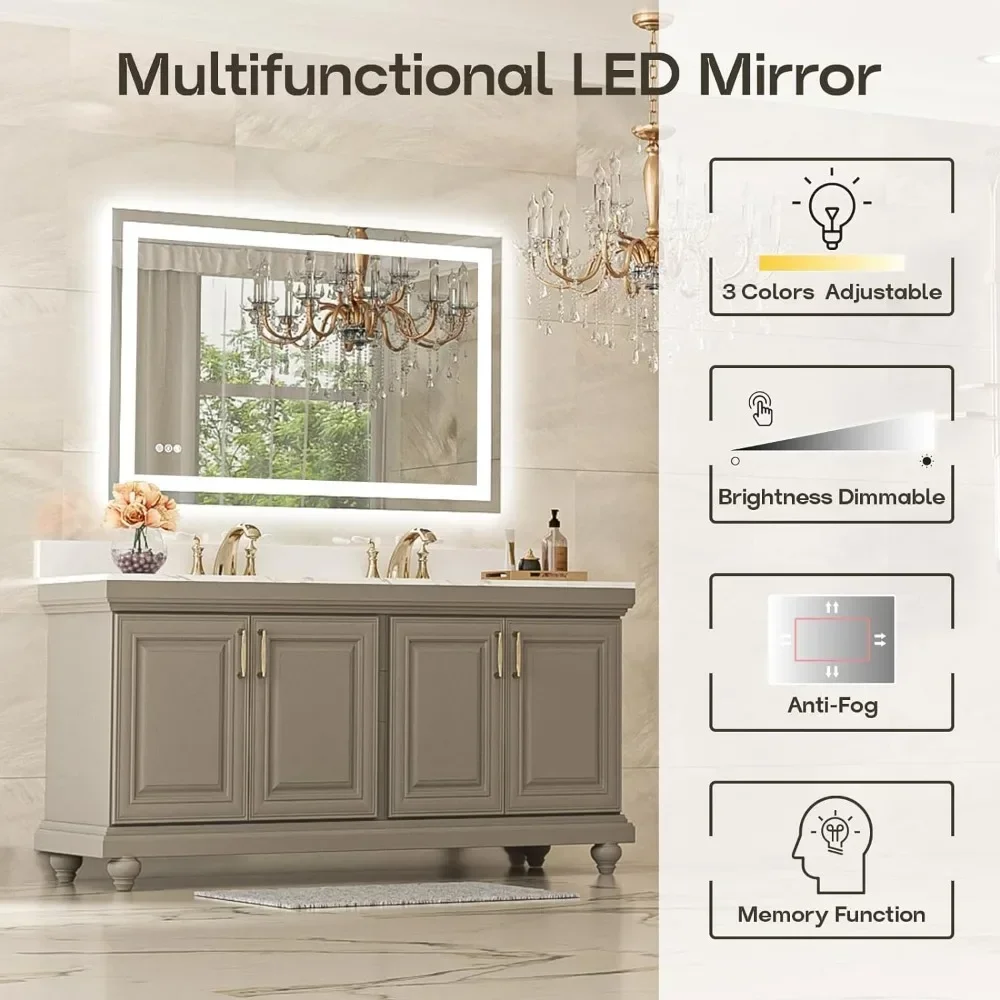 LED Mirror for Bathroom, Frontlit & Backlit LED Bathroom Mirror with Anti-Fog, 3 Colors Dimmable, Memory Function Tempered Glass