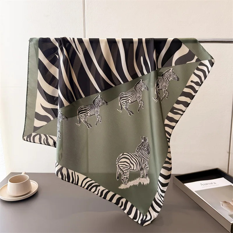 Color-blocked Bebra Print Shawl Square Scarf for Women Satin Fashion Wraps Neckerchief Female Hair Bands Ribbon Headband Bandana