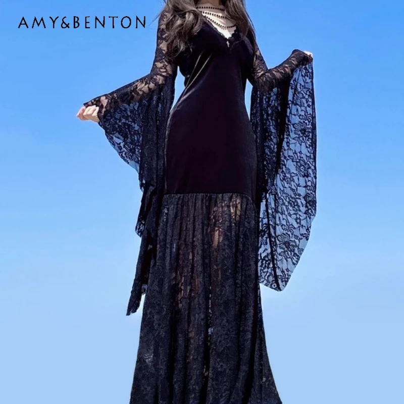 

Punk Dark Gothic Black Sweet Cool Sexy Subculture Party Gown Dresses Ladies Original Design Lace Hollow Out Women's Long Dress
