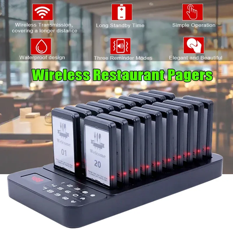 Wireless Restaurant Buzzer Pager Vibration LED Guest Waiting Calling System 1 Transmitter + 26 Receiver for Dessert Coffee