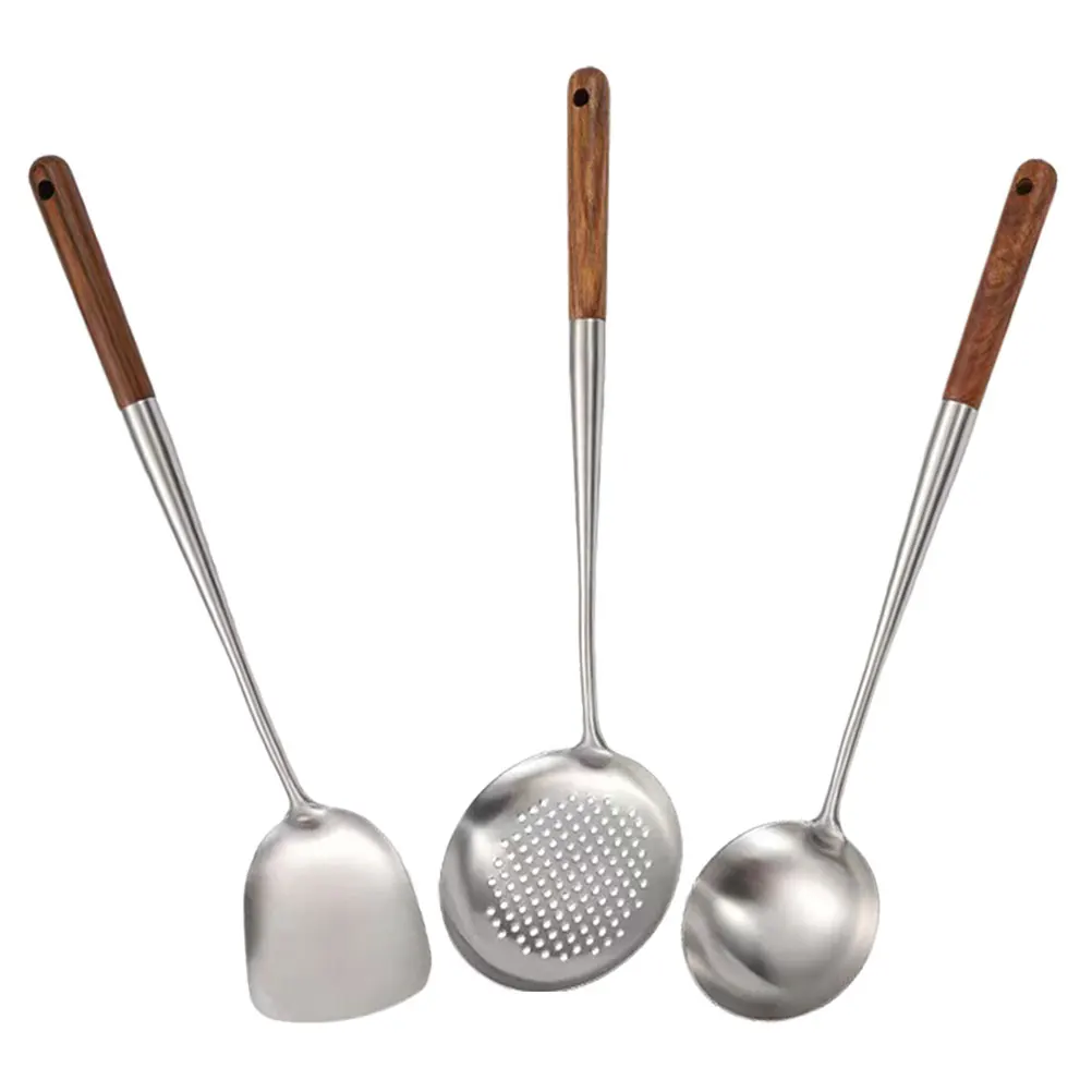 

3Pcs Stainless Steel Wok Spatula Ladle Skimmer Kitchen Utensils Long Wooden Handle Ergonomic Design Easy Clean Versatile