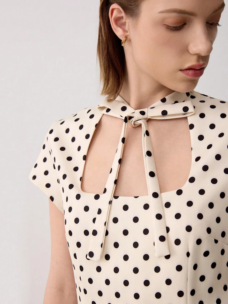 Damen-Minikleid mit Polka-Dot-Print, Frontschleife und kurzen Ärmeln für Partys – Detail 6
