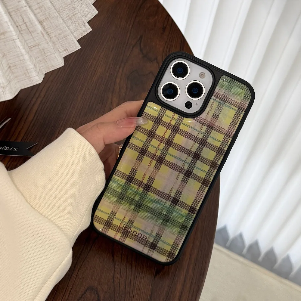 Ins American Green Check Pattern Silver Edge Epoxy Anti-Drop Handyhülle für iPhone XR/11/12/13/14/15/16/17 Pro Max Handyhülle