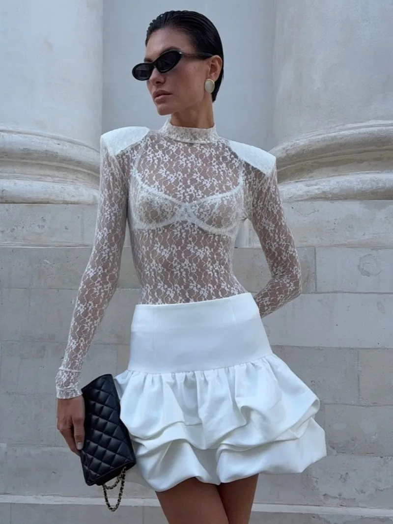 

FDYOUI Fashion Womens Lace Bodysuit Sexy Long Sleeve See-through One Piece Tops Evening Party Club Outfit Black White Streetwear