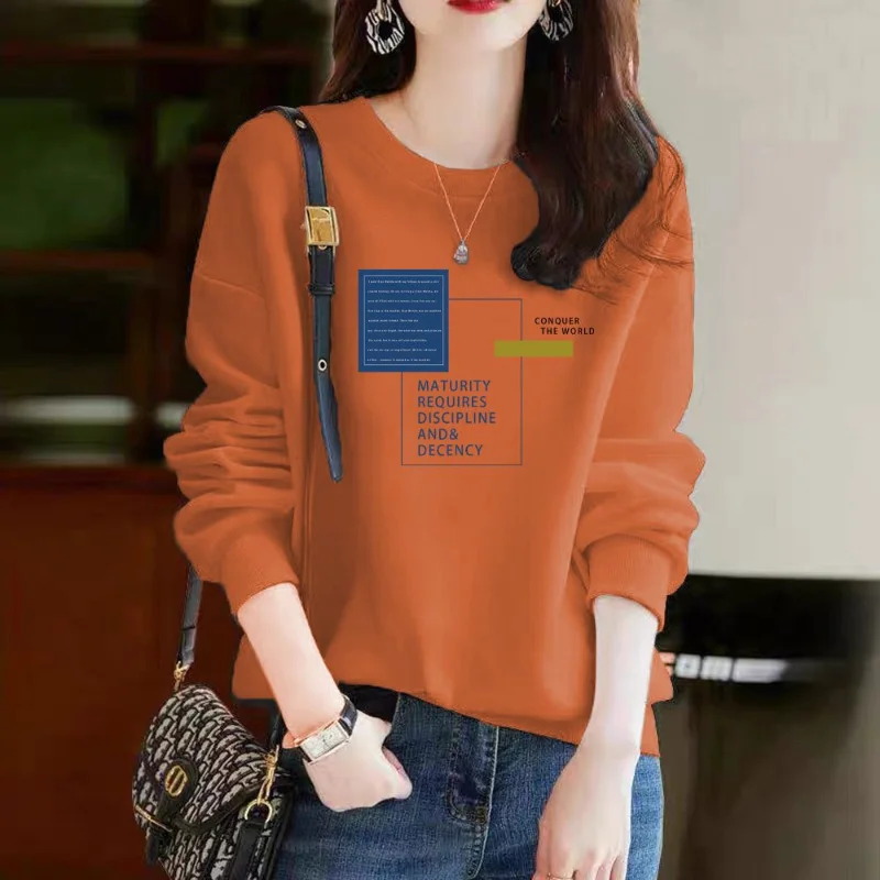 Women Autumn and Winter New O-Neck Pullovers Sweatshirt Solid Color Printing Casual Loose Large Size Versatile Long-sleeved Top